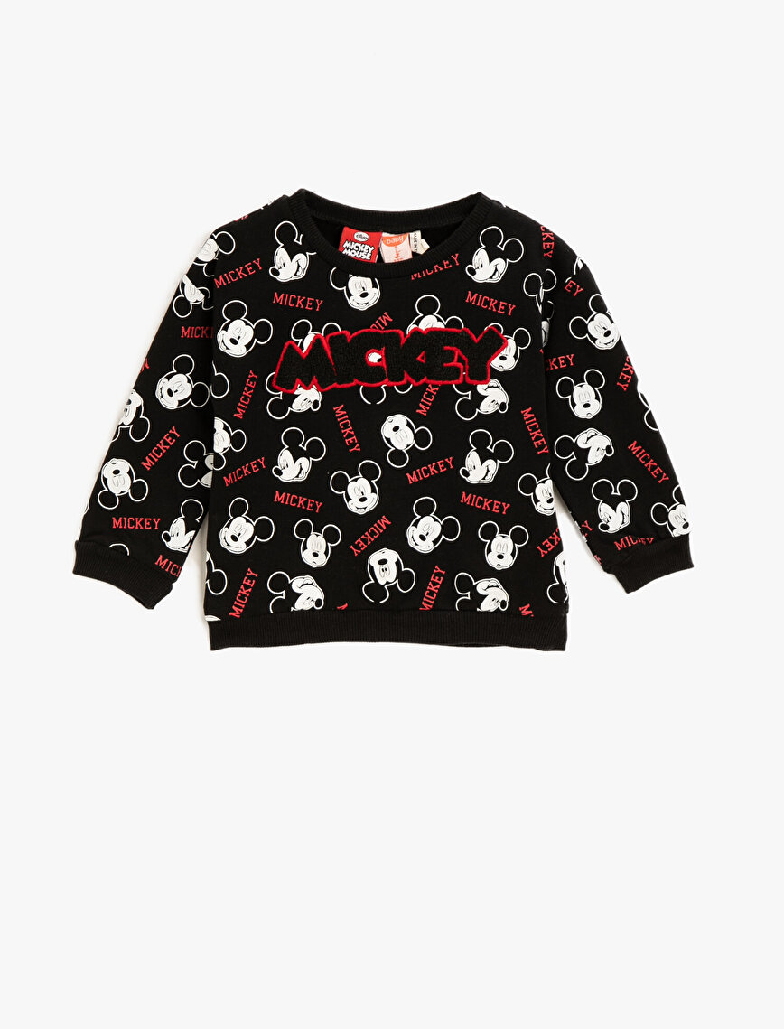 Mickey Mouse Lisanslı Baskılı Bisiklet Yaka Yazılı İşlemeli Sweatshirt