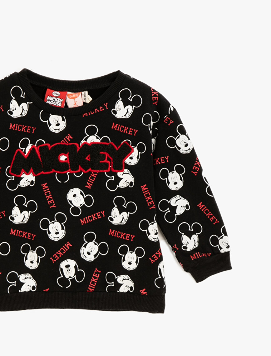 Mickey Mouse Lisanslı Baskılı Bisiklet Yaka Yazılı İşlemeli Sweatshirt