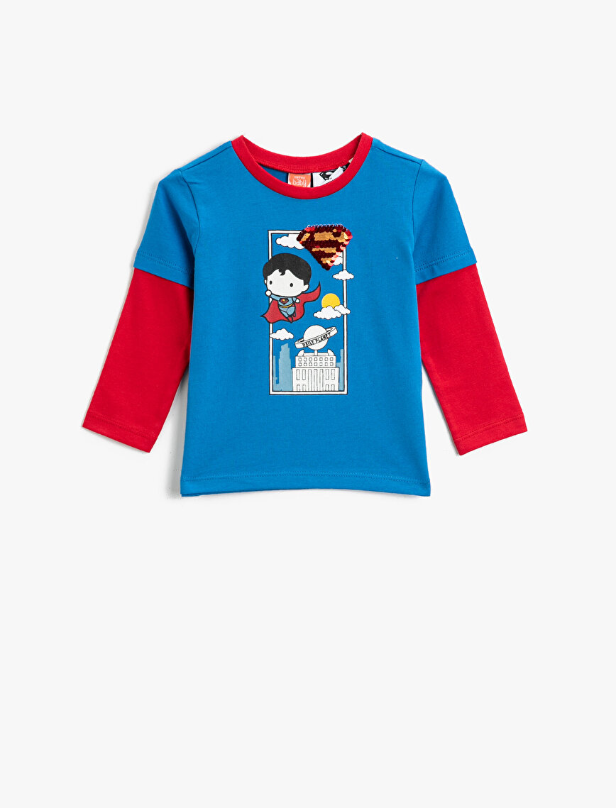 Superman Lisanslı Baskılı Pullu Bisiklet Yaka Uzun Kollu Pamuklu Tişört