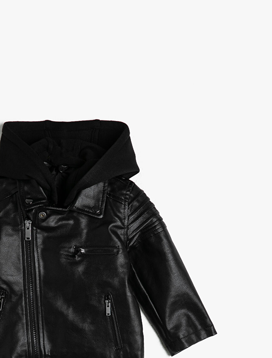 Hooded Zipper Pocket Detailed Faux Leather Jacket