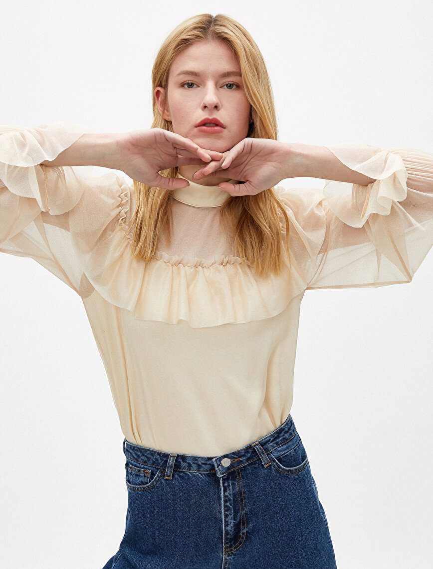 Frilled Blouse Stand Neck Long Sleeve