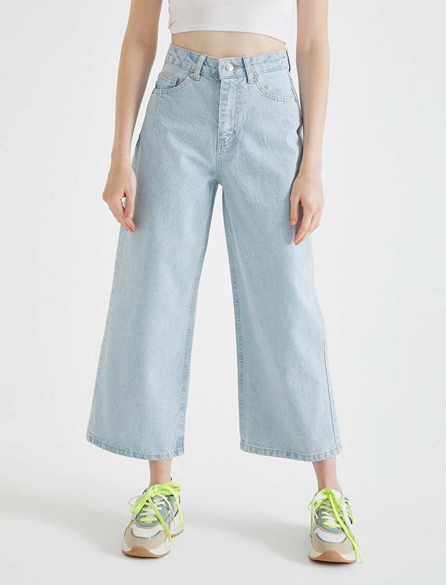Crop Paçalı Yüksek Bel Kot Pantolon - Crop Wide Jean