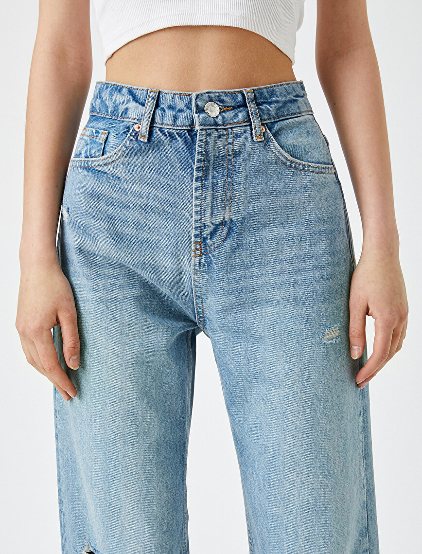 Yüksek Bel Yırtık Normal Kesim Düz Paça Kot Pantolon - Eve Jean