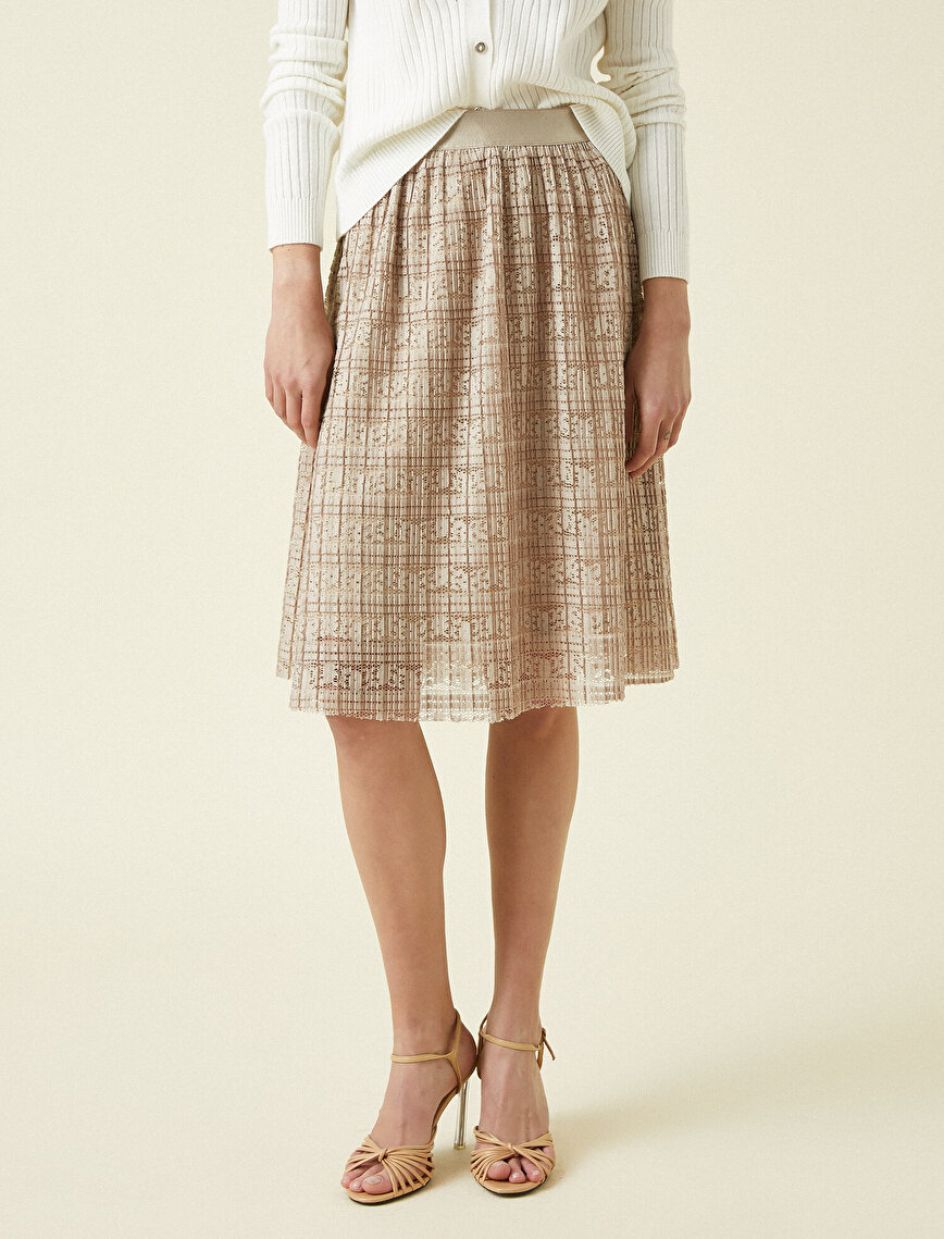 Pleated Lace Look Midi Skirt
