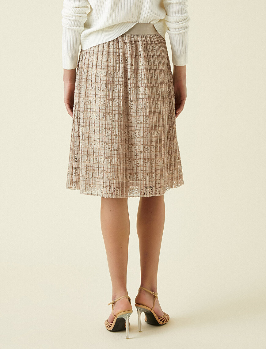 Pleated Lace Look Midi Skirt