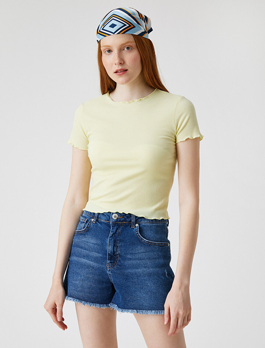 Crew Neck T-Shirt Frill Detailed Ribbed