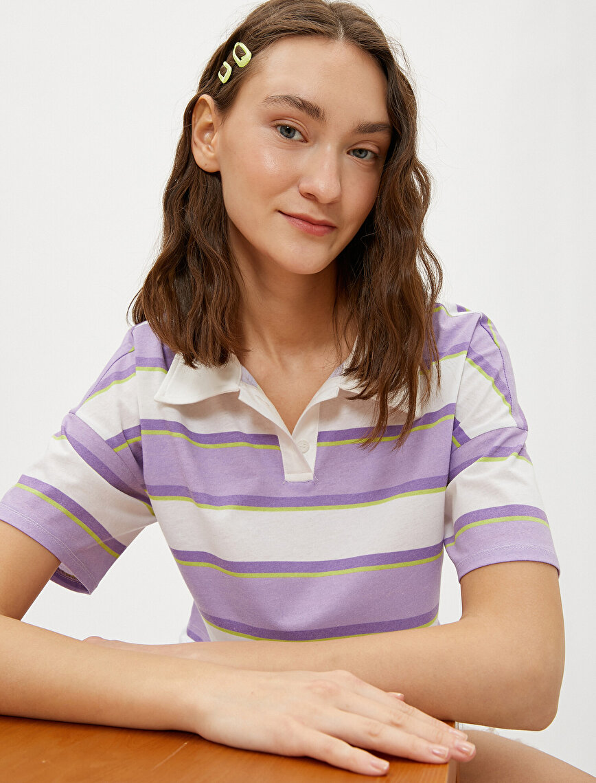 Polo Neck T-Shirt Crop Striped Cotton