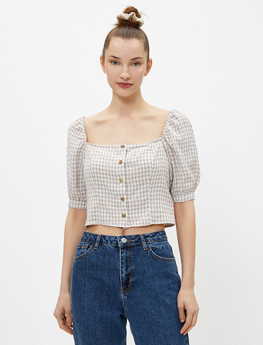Puff Sleeve Blouse Checked Buttoned Square Neck 