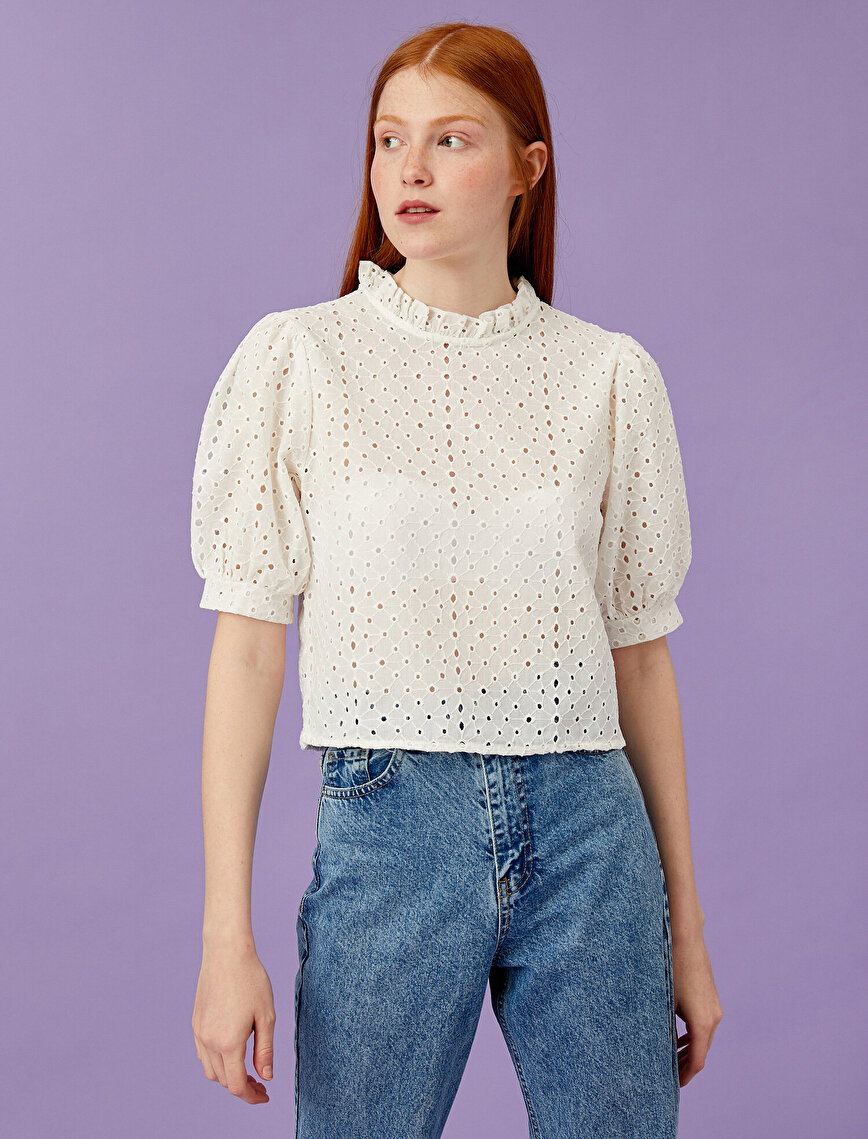 Lace Blouse Stand Neck Frilled Cotton