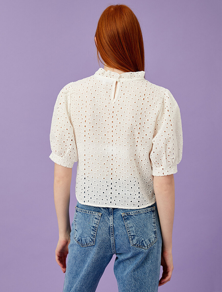 Lace Blouse Stand Neck Frilled Cotton