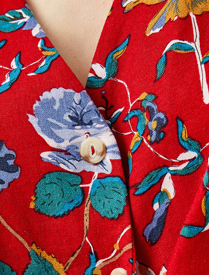 Floral Shirt Linen Short Sleeve Drawstring