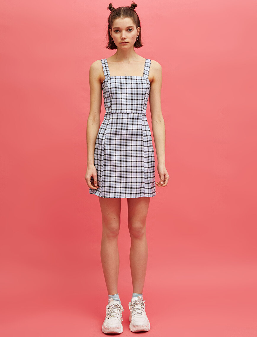Slit Detailed Checked Mini Dress