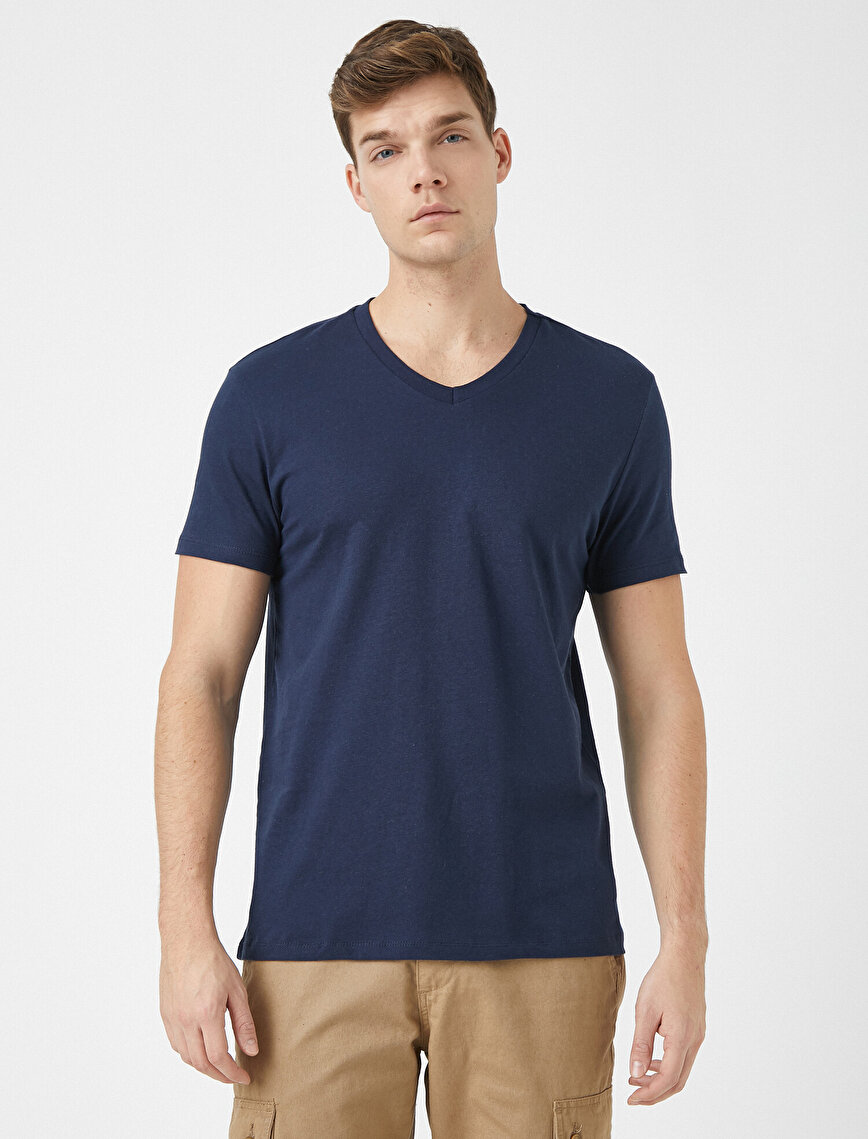 V Neck Basic Cotton Short Sleeve Crew Neck T-Shirt