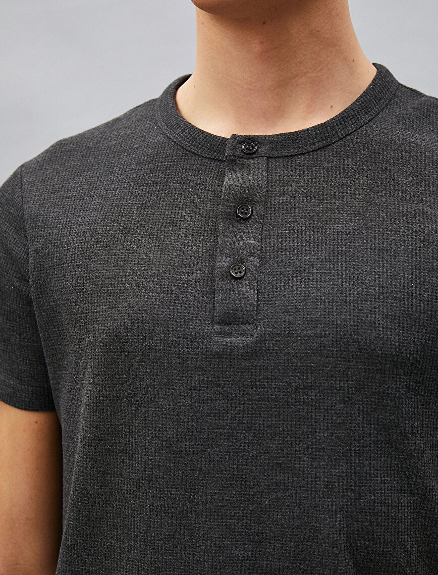 Button Collar Short Sleeve Crew Neck T-Shirt