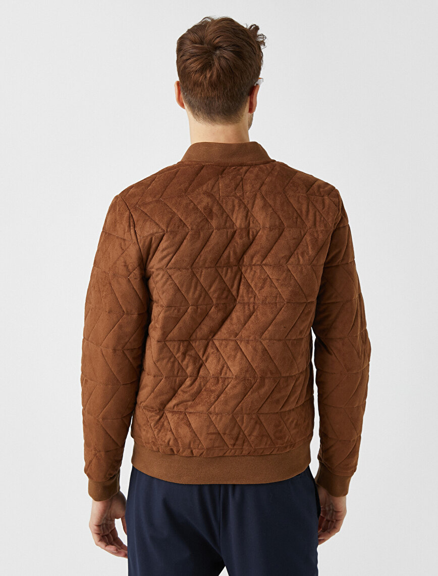 Bomber Collar Quilted Suede Coat