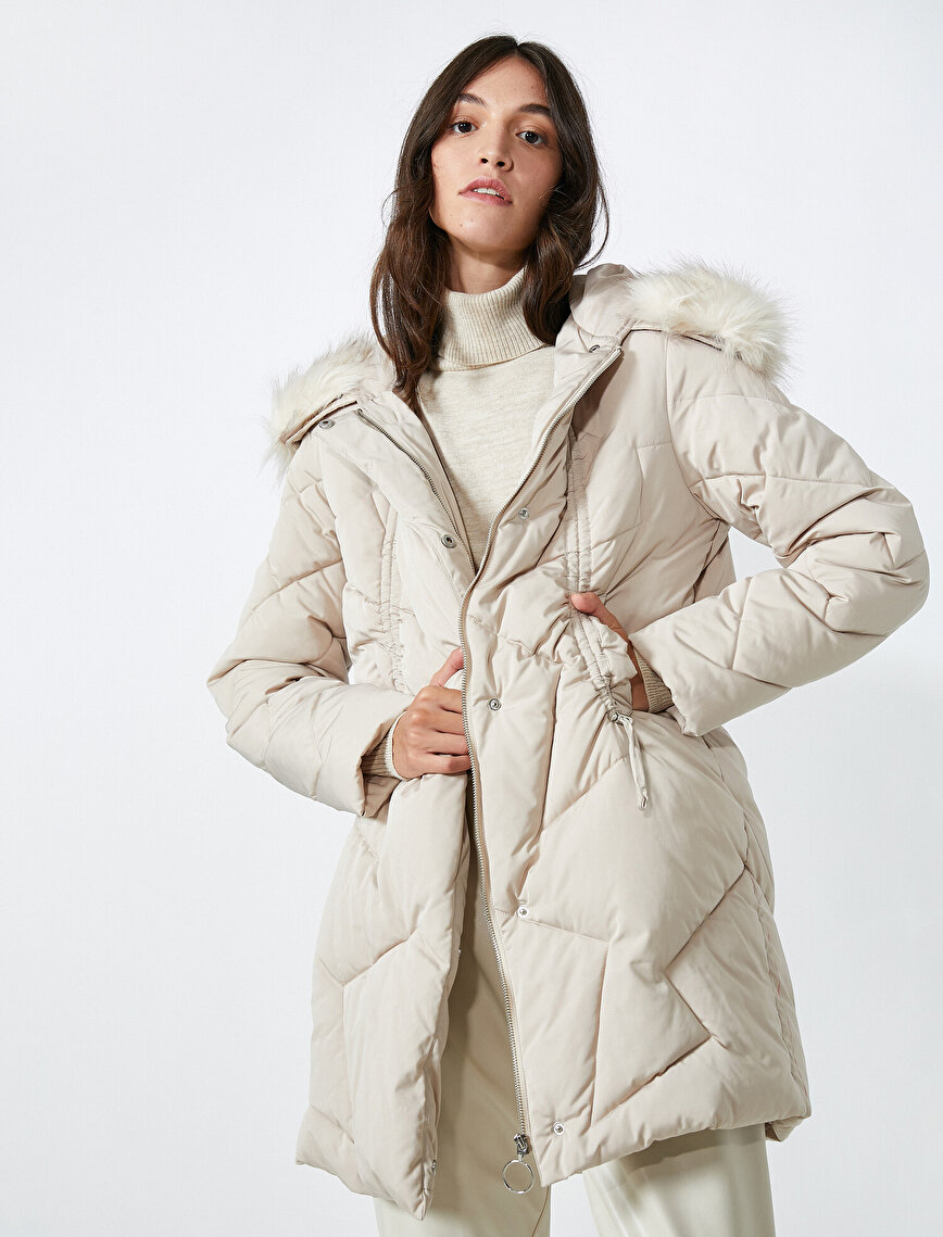 Faux Fur Neck Quilted Hooded Oversize Puffer Coat 