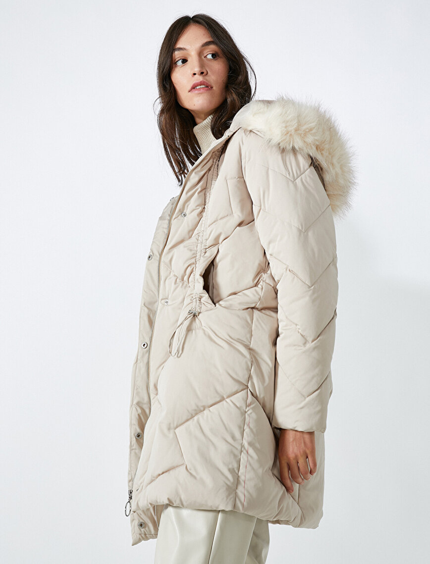 Faux Fur Neck Quilted Hooded Oversize Puffer Coat 