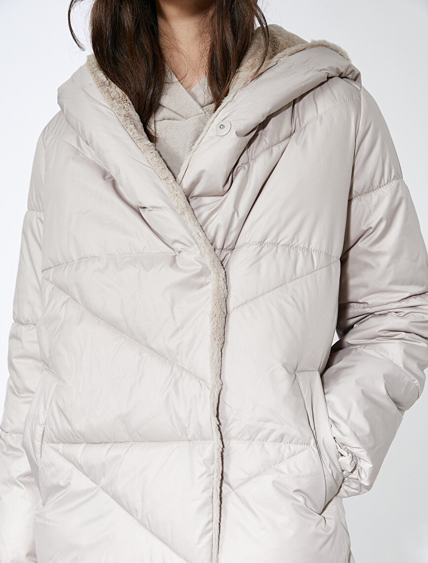 Hooded Teddy İnside Snap Buttons Oversize Puffer Coat