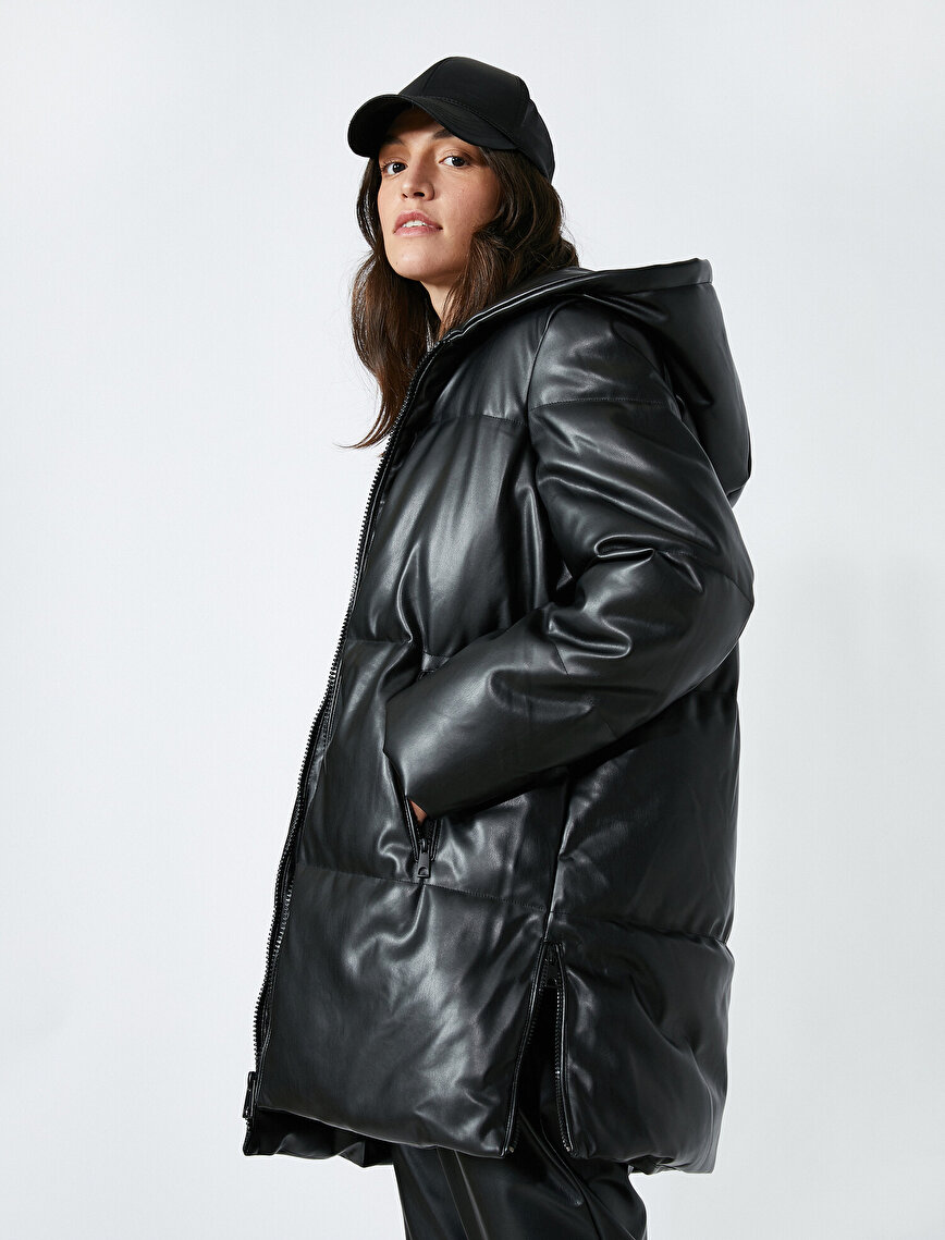 Faux Leather Hooded Zip Pockets Puffer Oversize Coat
