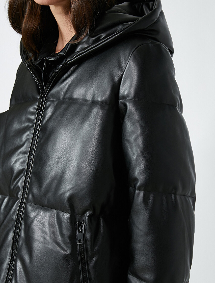 Faux Leather Hooded Zip Pockets Puffer Oversize Coat