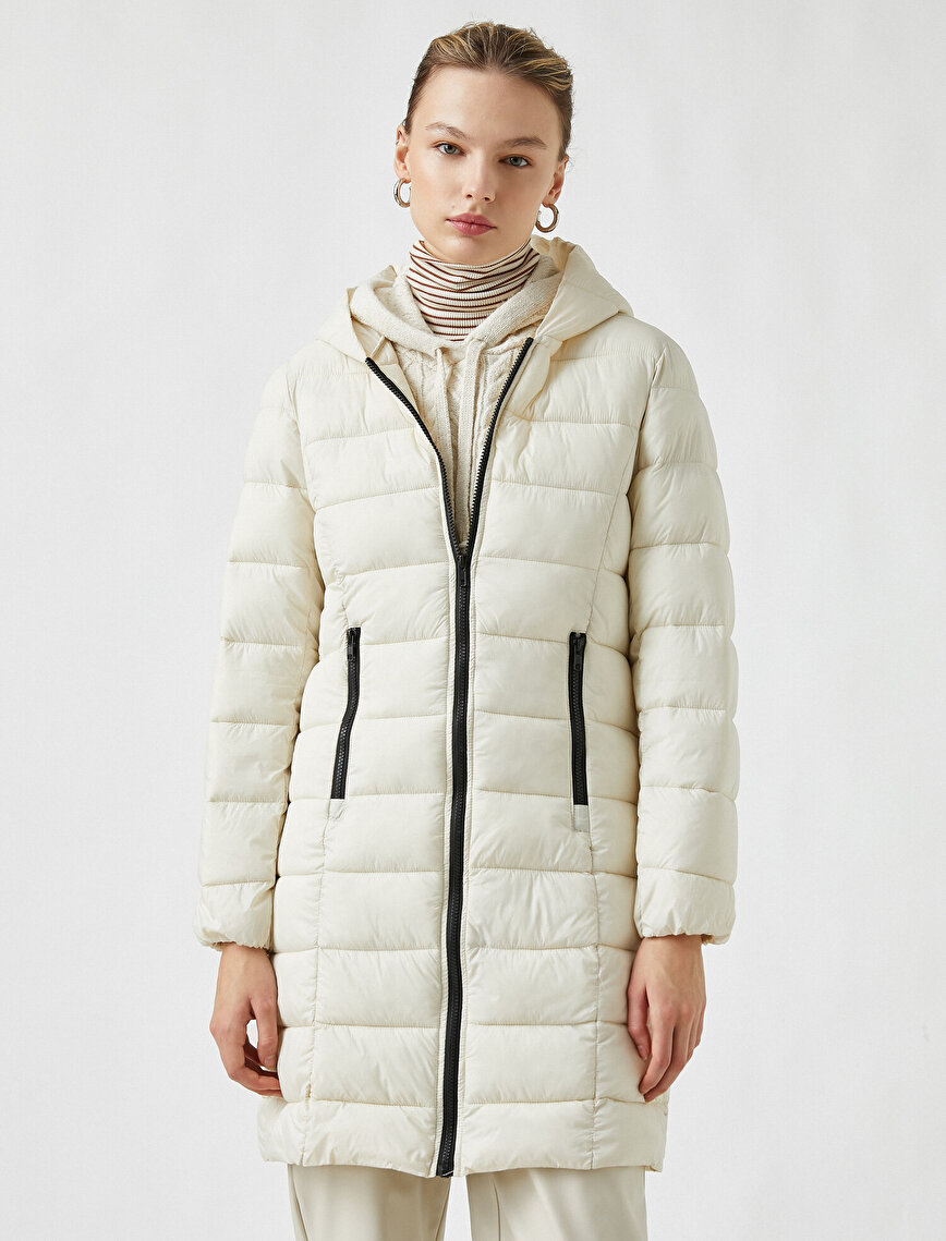 Quilted Long Puffer Coat Hooded Pocket Detail