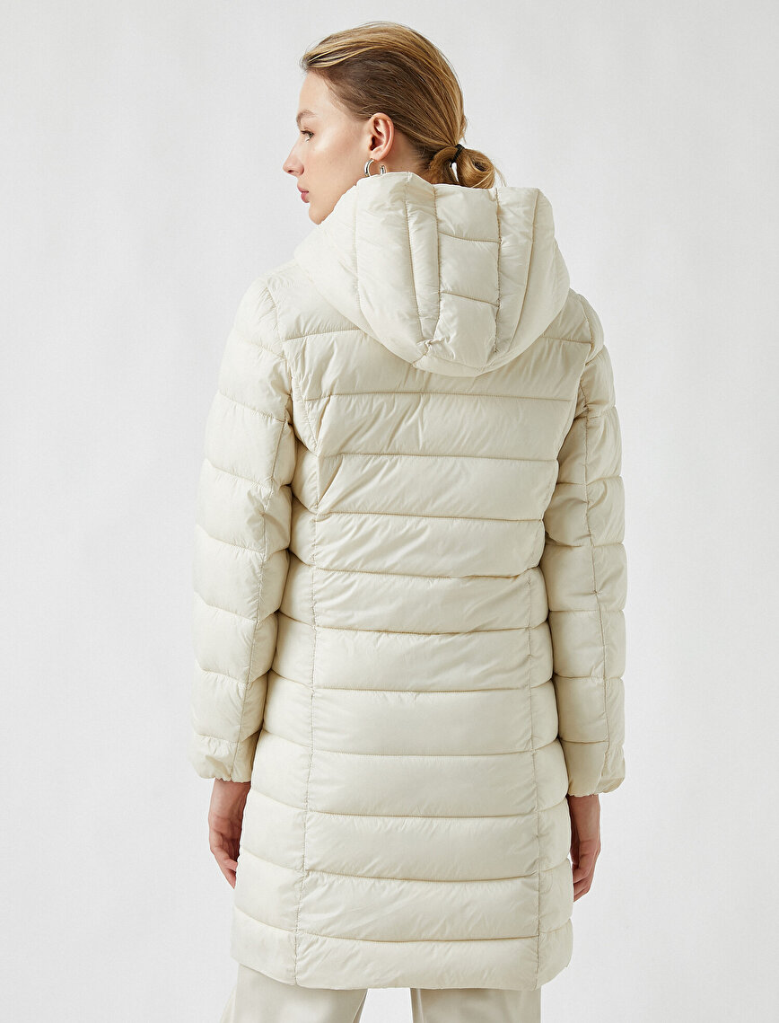 Quilted Long Puffer Coat Hooded Pocket Detail