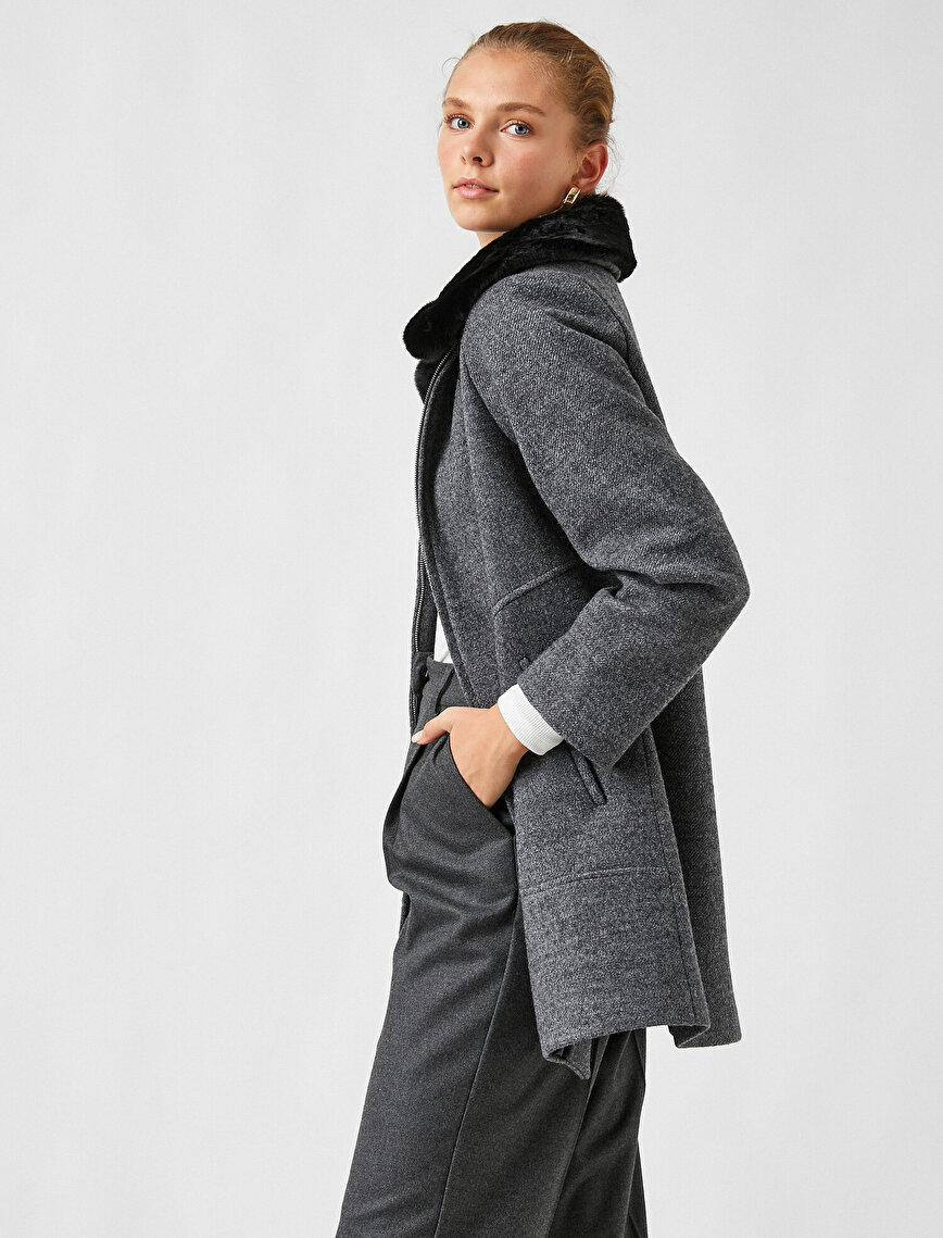 Faux Fur Collar Zip Front Coat