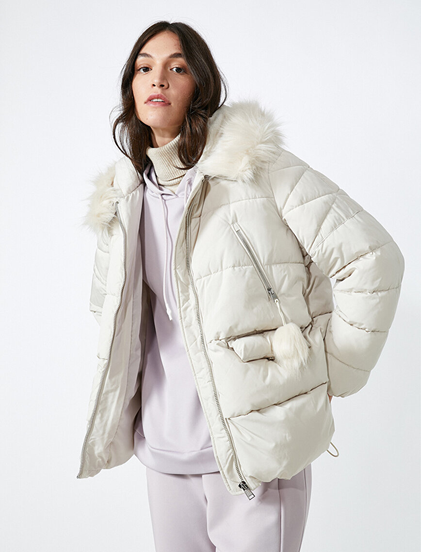 Faux Fur Hooded Zip Up Short Puffer Jacket Coat