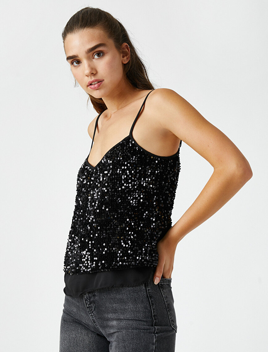 Sequined V Neck Strappy Blouse