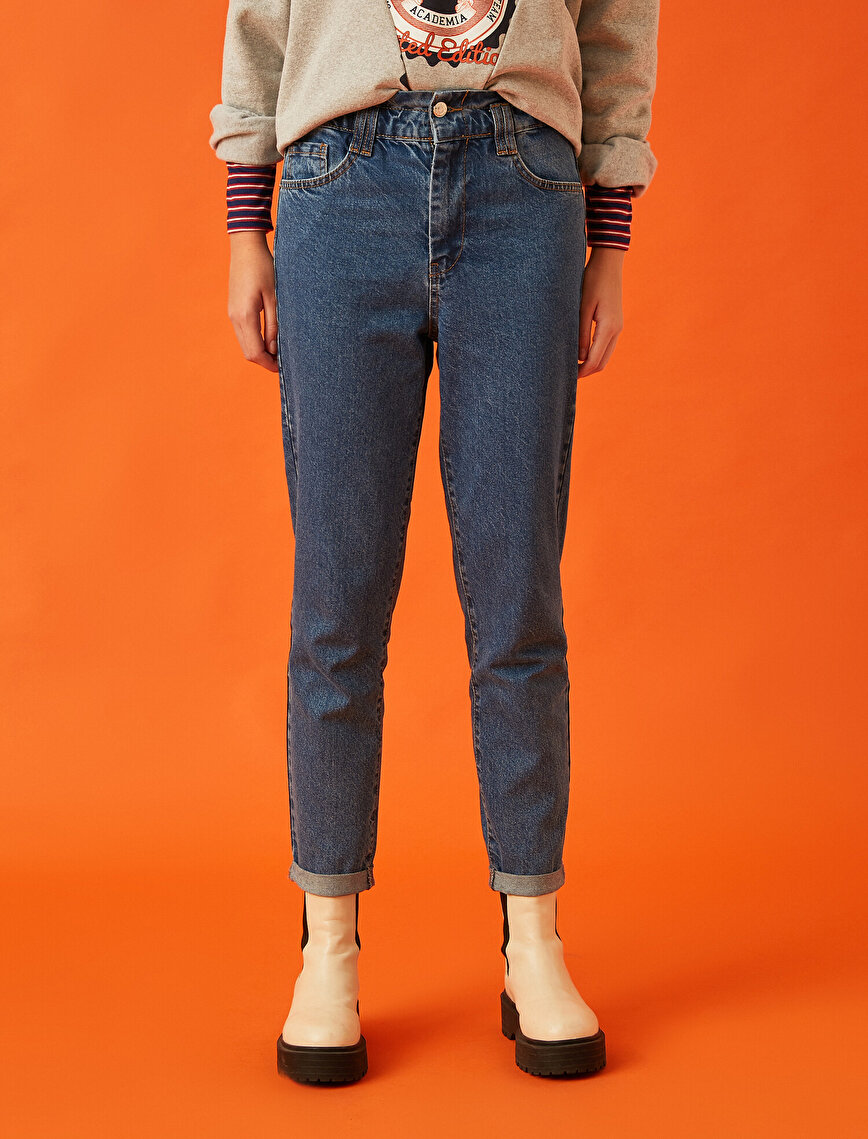 Yüksek Bel Paçası Kıvrımlı Kot Pantolon - Mom Jean