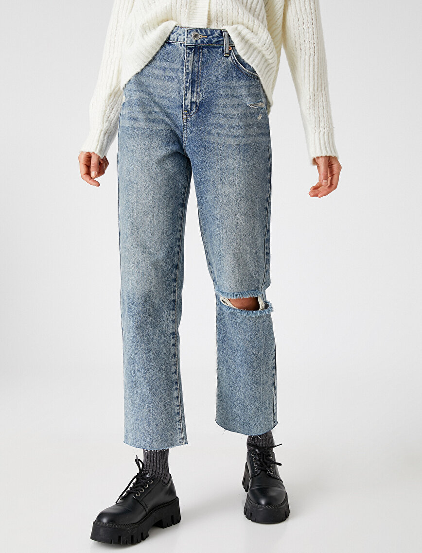 Yüksek Bel Yırtık Kot Pantolon - Eve Jean