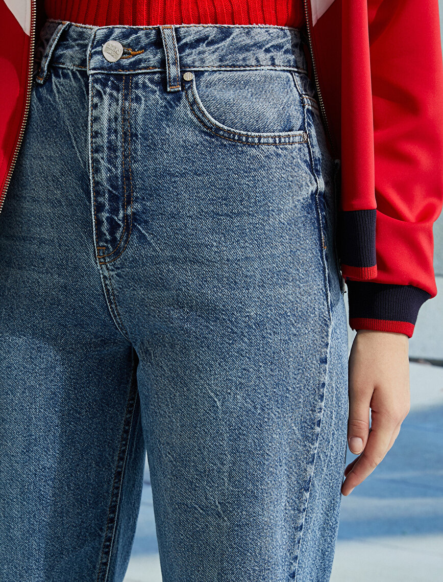 Dizleri Yırtık Geniş Paça Yüksek Bel Kot Pantolon - Straight Jean