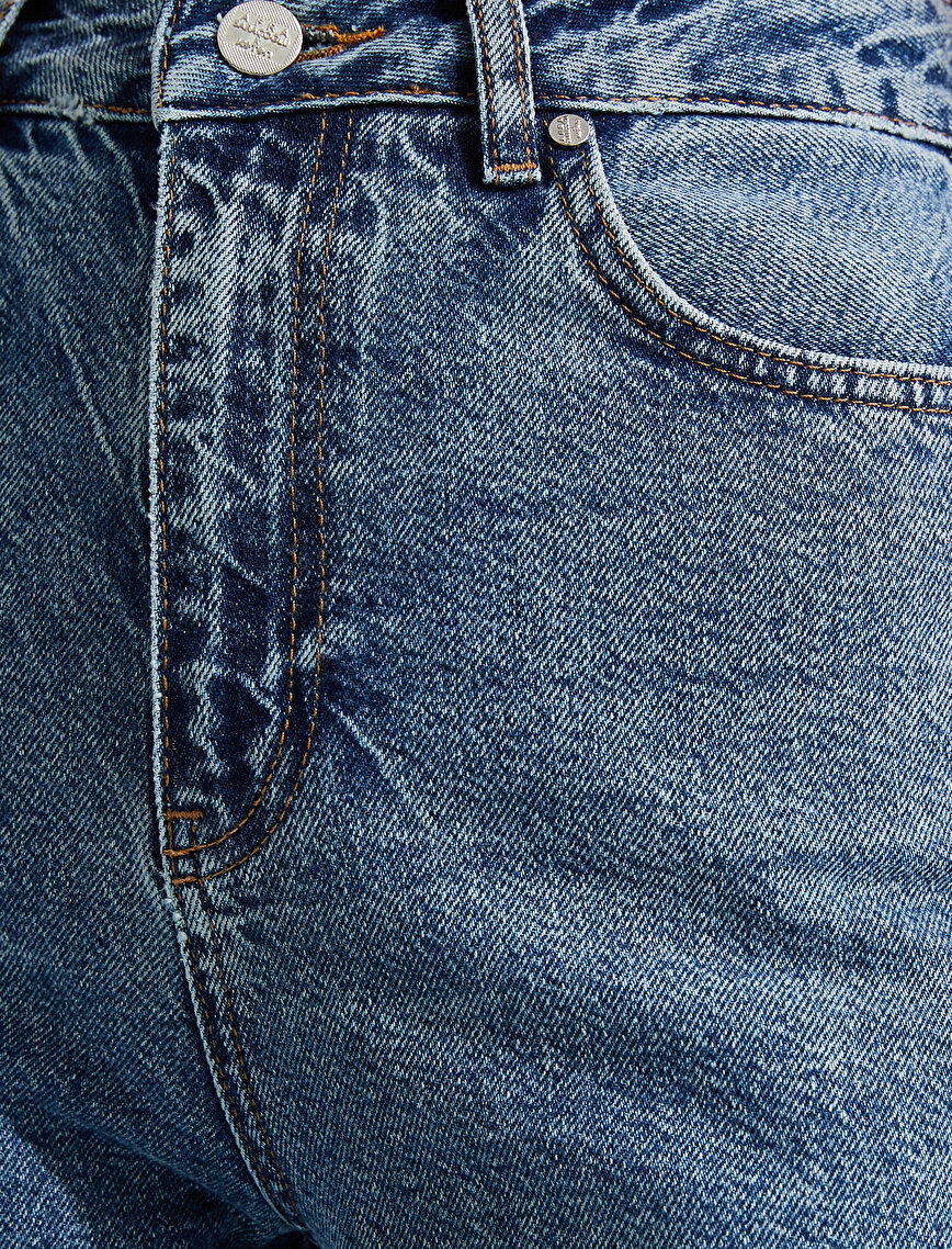 Dizleri Yırtık Geniş Paça Yüksek Bel Kot Pantolon - Straight Jean