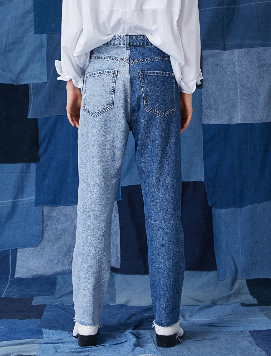 Yüksek Bel Bol Paça Renk Bloklu  Kot Pantolon - Longer Jean