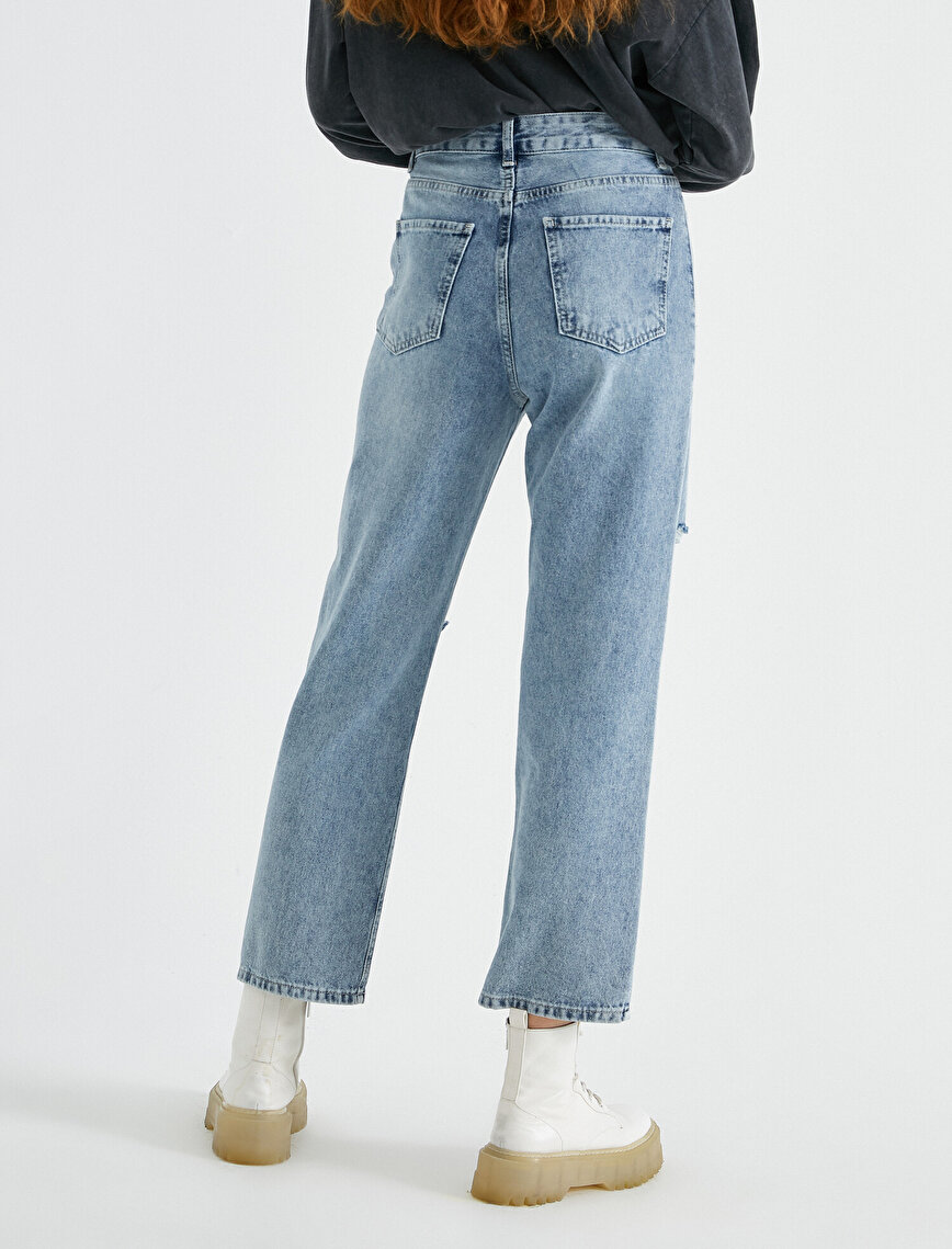 Yüksek Bel Yırtık Pamuklu Kot Pantolon - Straight Jean