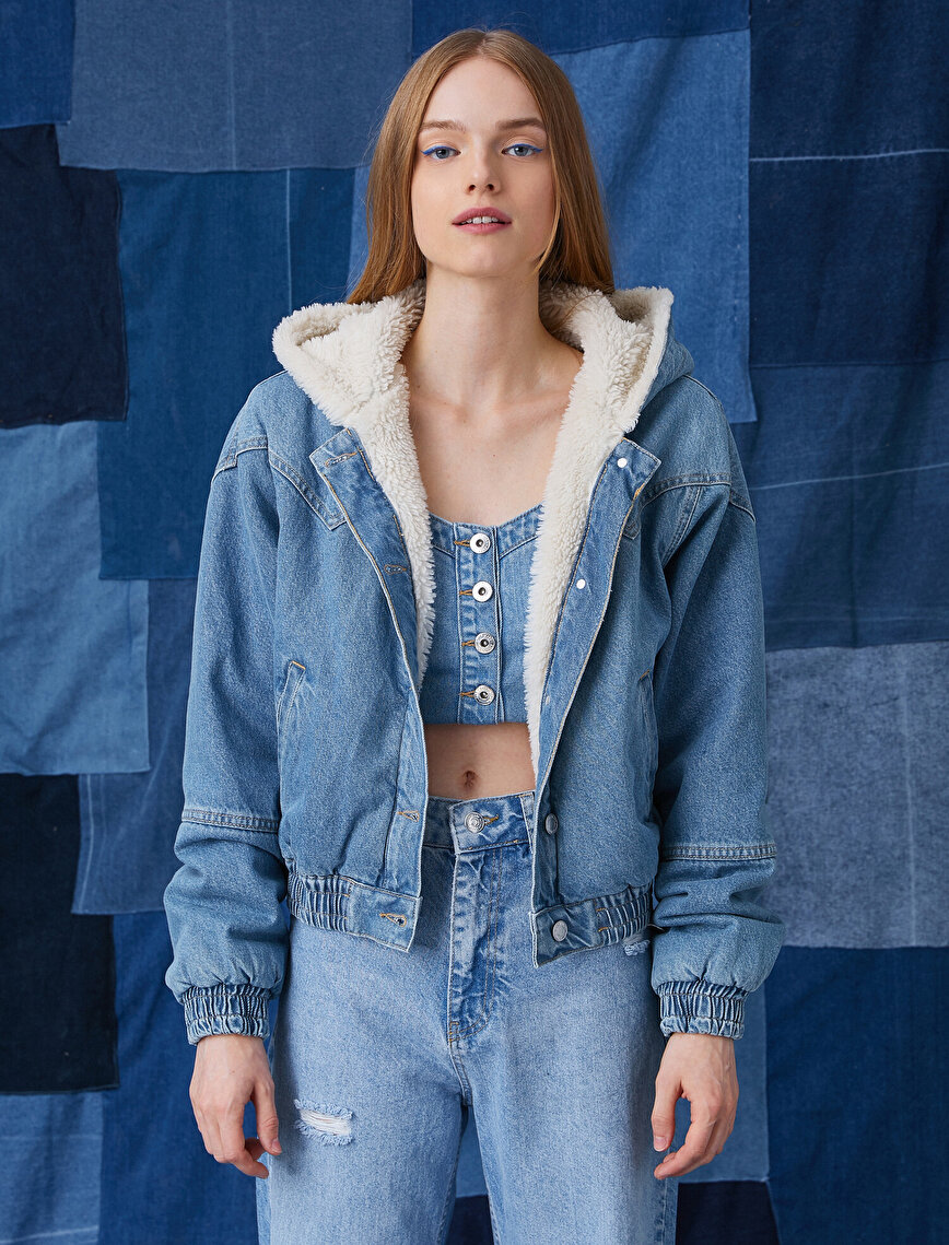 Hooded Button Front Teddy Denim Jacket