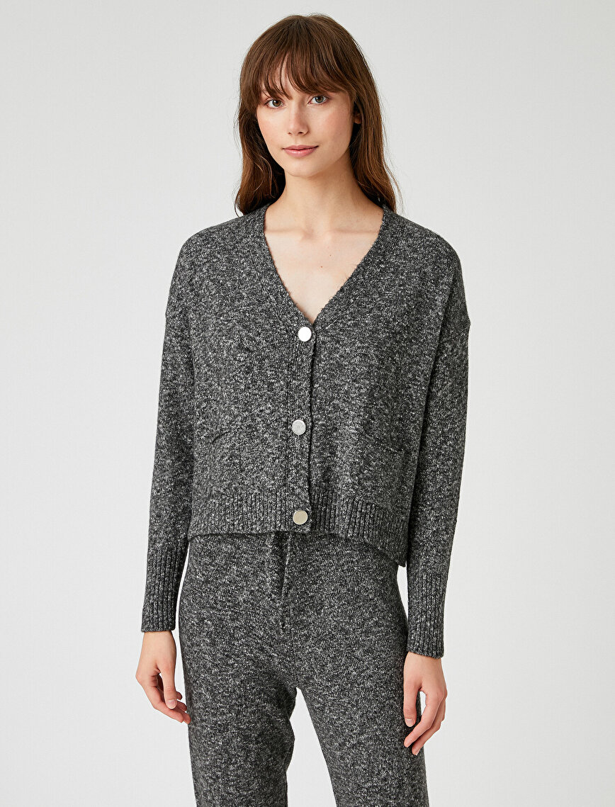 V Neck Tricot Cardigan Button Front
