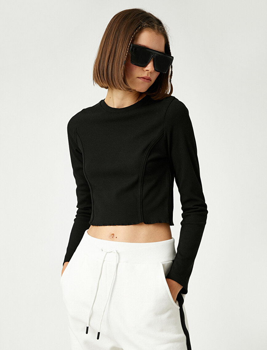 Crop Stitch Detailed Ribbed Long Sleeve T-shirt