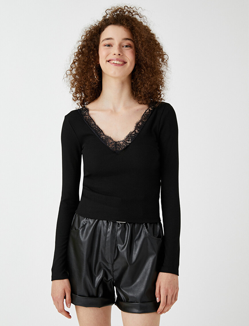 Ribbed T-Shirt Long Sleeve Lace Detailed