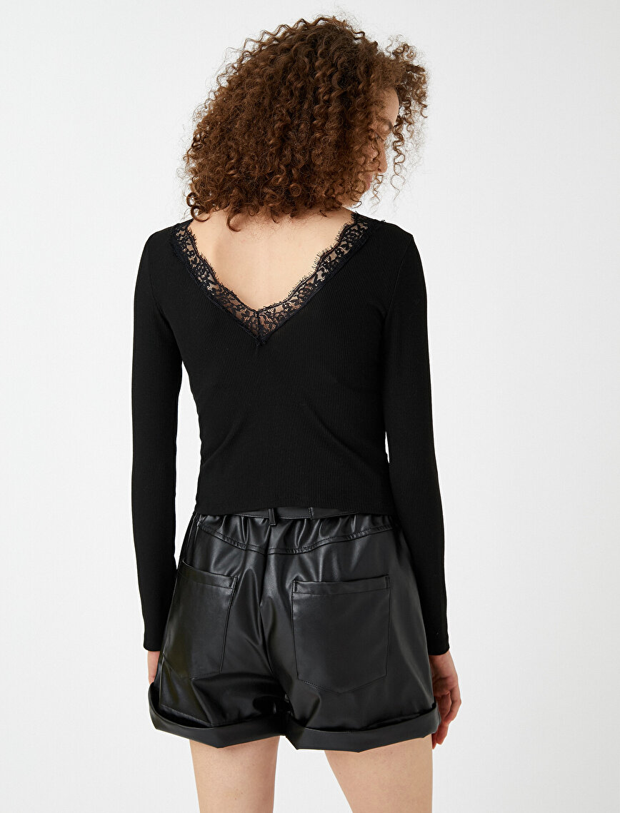 Ribbed T-Shirt Long Sleeve Lace Detailed