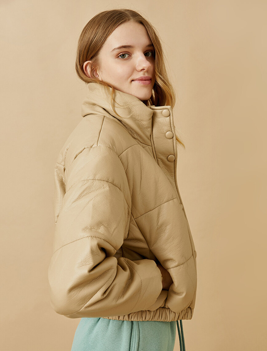 Zip Up Faux Leather Puffer Jacket