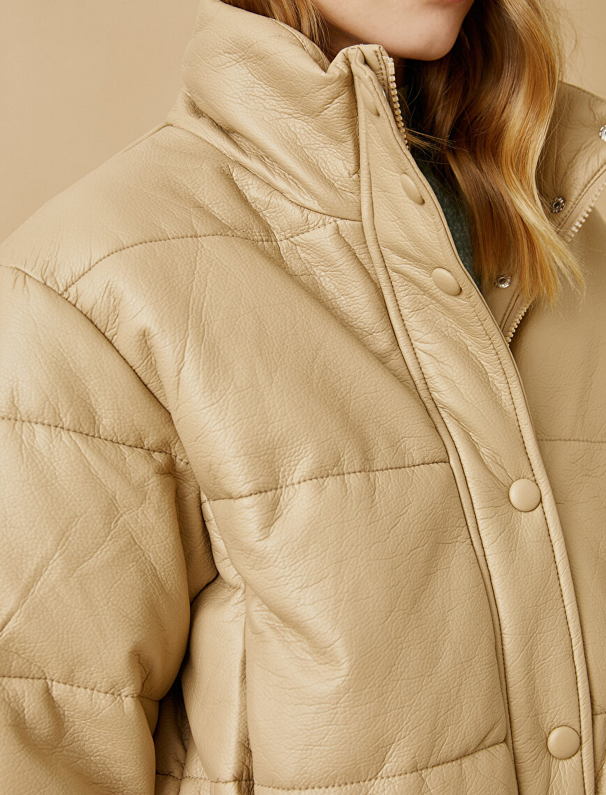 Zip Up Faux Leather Puffer Jacket