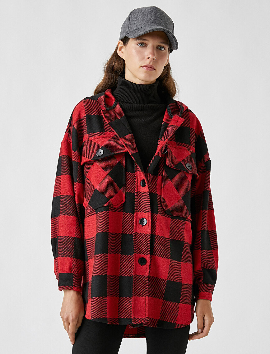 Hooded Buttoned Plaid Midi Jackets