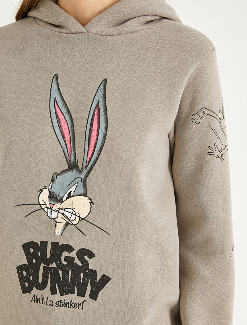 Uzun Kollu Bugs Bunny Baskılı Kapüşonlu Sweatshirt