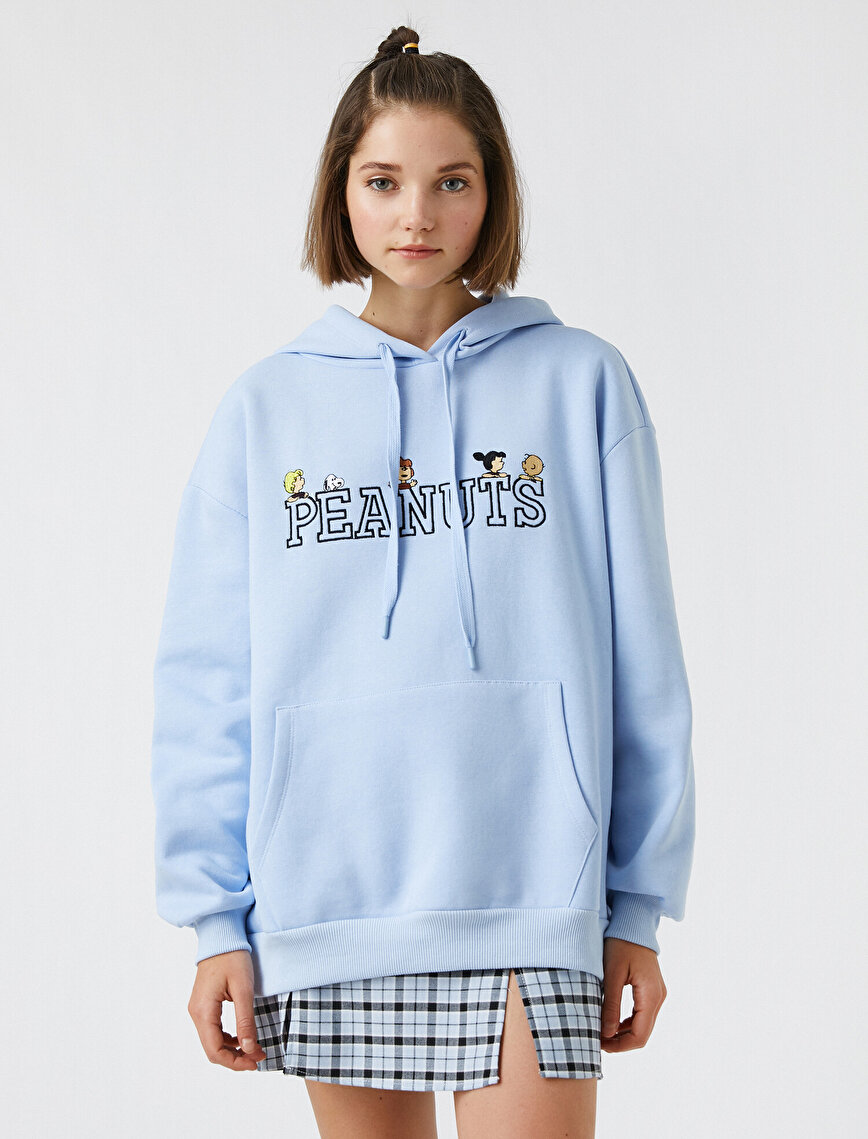 Peanuts Lisanslı Baskılı Kapüşonlu Cepli Oversize Sweatshirt