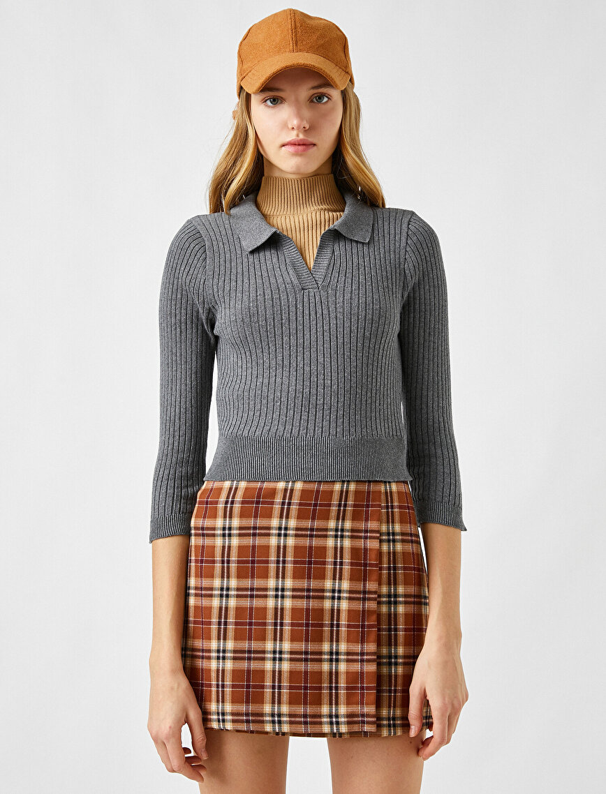Polo Neck Ribbed Knit Sweater