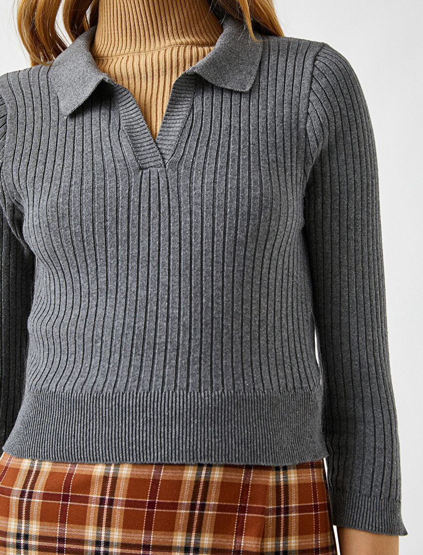 Polo Neck Ribbed Knit Sweater