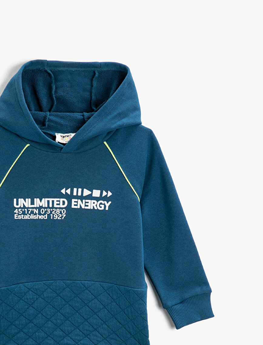Slogan Baskılı Kapüşonlu Sweatshirt Pamuklu Neon Şeritli