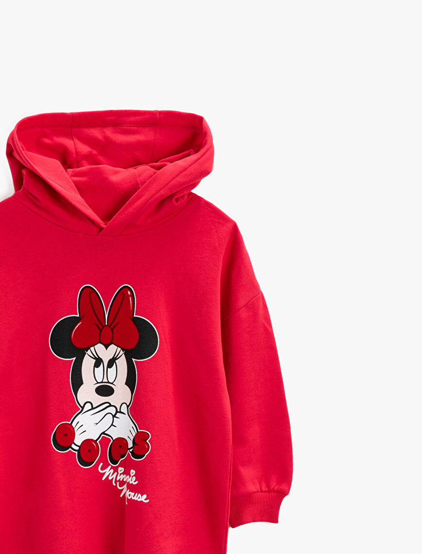 Minnie Mouse Lisanslı Sweat Elbise Baskılı Kapşonlu Pamuklu