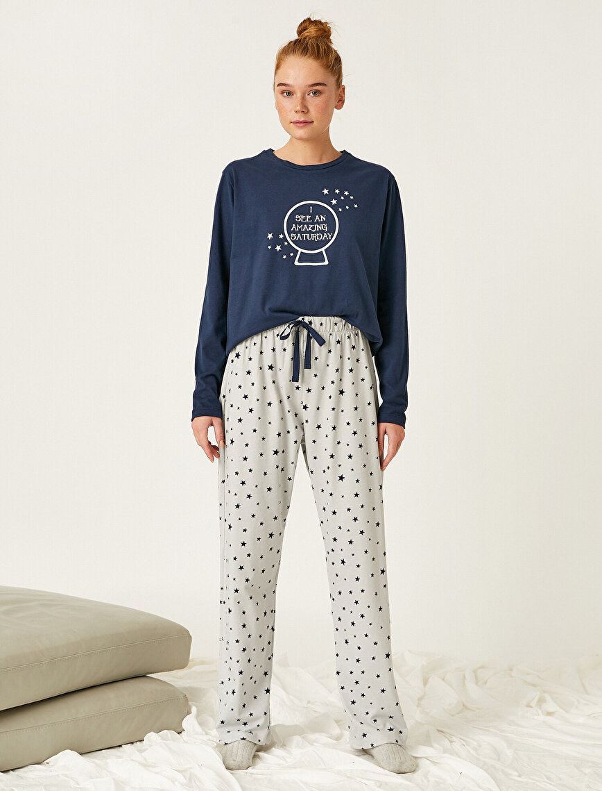 Desenli Pamuklu Uzun Kollu Pijama Takımı